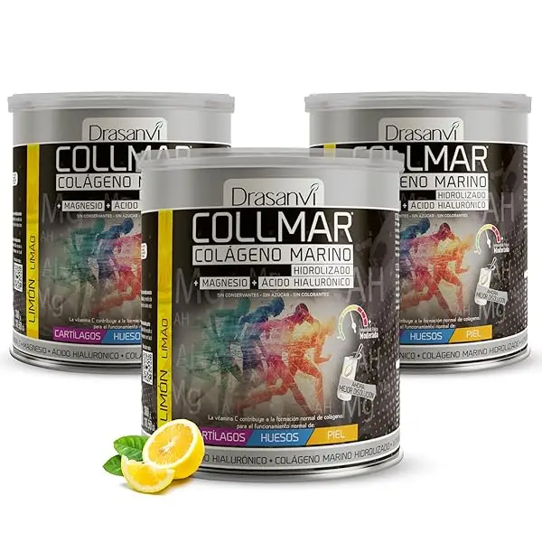 DRASANVI COLLMAR Colageno Marino Hidrolizado con Magnesio, Acido Hialuronico y Vitamina C | para cartílagos, huesos y piel | Máx. Asimilación 9.717 mg/día |3 x 300 g de polvo | Sabor Limón