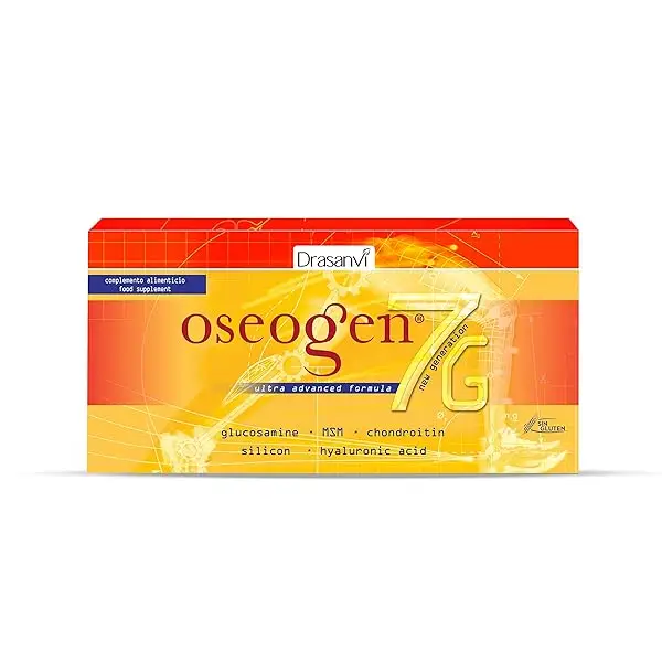 Drasanvi OSEOGEN 7G con Cissus Vitis, Condroitina, Glucosamina, MSM y Cúrcuma para Huesos, Cartílagos y Articulaciones,ayuda en la Regeneración de Tejidos Dañados, 20 Viales = 20 Días, Sabor Naranja